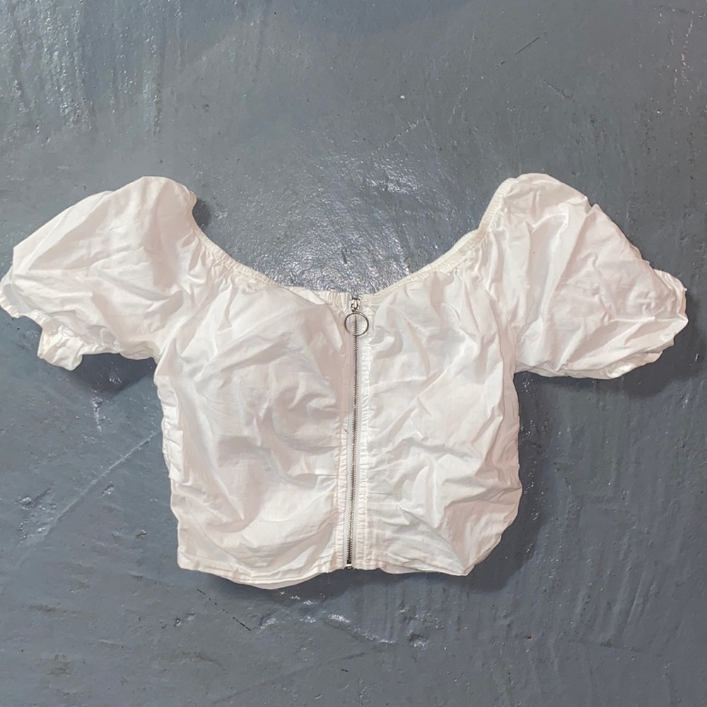 Cotton On White Ruched Full Zip Crop Top